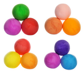 Set with different colorful play dough on white background