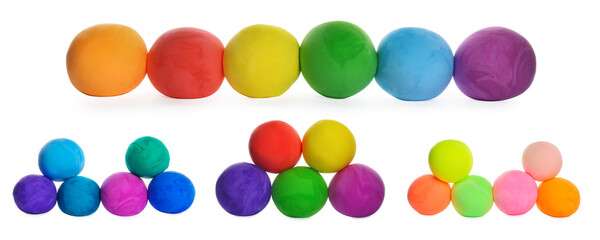 Set with different colorful play dough on white background. Banner design