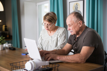 Fototapeta na wymiar elderly man connecting to the Internet from home. healthy seniors lifestyle. work from home. Senior couple using a laptop, in a stylish living room,