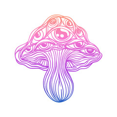 Magic mushrooms. Psychedelic hallucination. Gradient colorful vector illustration isolated on white. 60s trippy hippie art.
