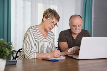 elderly man connecting to the Internet from home. healthy seniors lifestyle. work from home. Senior couple using a laptop, in a stylish living room,