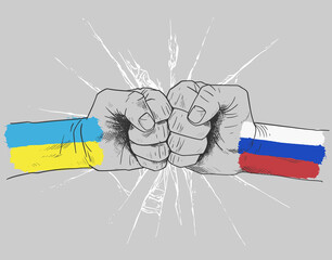 Ukraine vs Russia war, country flags and fist. Vector