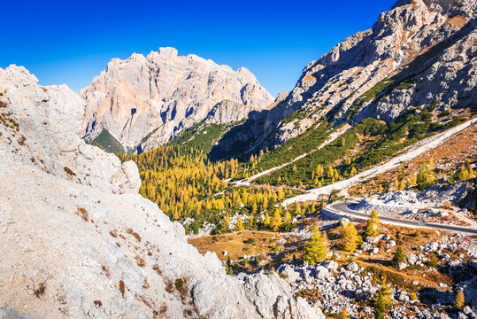 Italy, Passo Valparola - Autumn landscape in South Tyrol, Dolomite Alps