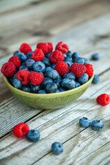 Fresh ripe blueberry and raspberry in a bowl