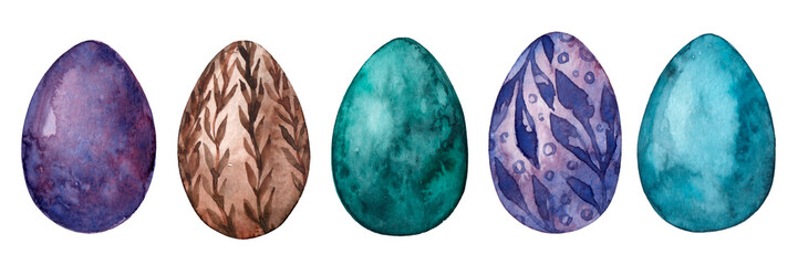 Watercolor set of Easter eggs isolated on white background. Festive religious food.