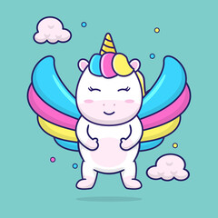 cute unicorn flying with wings, suitable for children's books, birthday cards, valentine's day, stickers, book covers, greeting cards, printing.