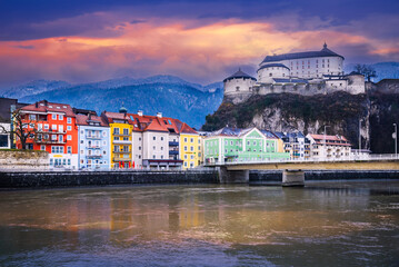 Kufstein, Austria - Cloudy landscape with colored houses, oldtown.