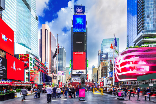 New York, USA - September 2019: Times Square, Manhattan, busy tourist intersection with Broadway