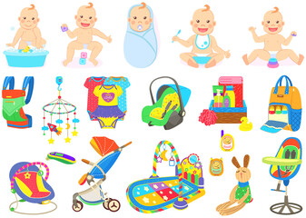 Multinational children, kids playing, baby care objects, newborn items supplies, set of icons. Toys, clothes, devices for transporting, bathing of babies. Babies in diapers crawling, smiling