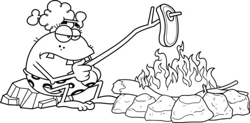 Outlined CaveWoman Cartoon Character Cooking Meat On Stick. Vector Hand Drawn Illustration Isolated On White Background