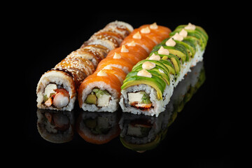 Traditional delicious fresh sushi roll set on a black background with reflection. Sushi roll with rice, nori, cream cheese, tobiko caviar, avocado. Sushi menu. Japanese kitchen. Asian food