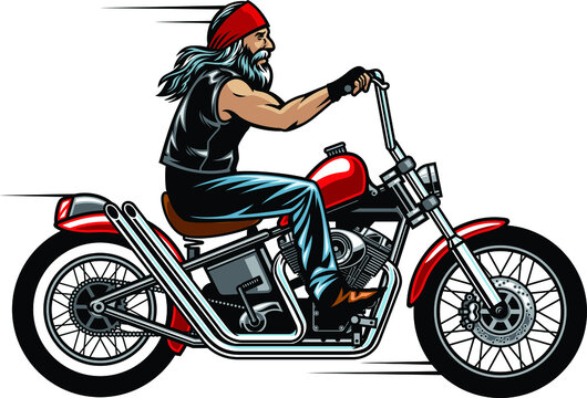 Old man biker riding chopper motorcycle