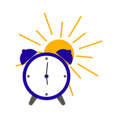 Alarm clock icon, a flat color illustration of an alarm clock with the sun. Vector isolated on a white background.