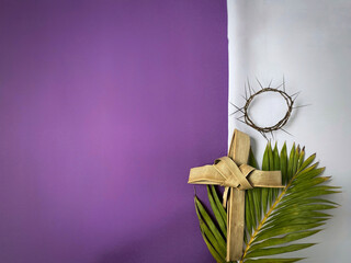 Lent Season,Holy Week and Good Friday concepts - image of cross made of palm leaf in vintage...