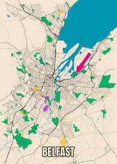 Fototapeta na wymiar Vector poster detailed city map Belfast, Northern Ireland Data From OpenStreetMap.