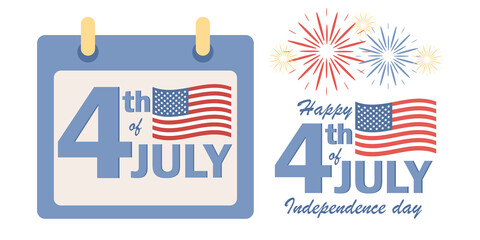 4th of July in calendar. American Independence Day set. USA flag and fireworks celebration. Vector flat illustration