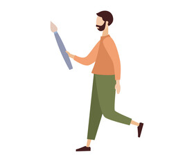 Tiny man artist. Painter with art brush. Vector flat illustration