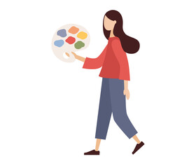 Tiny woman artist. Painter with paint palette. Vector flat illustration