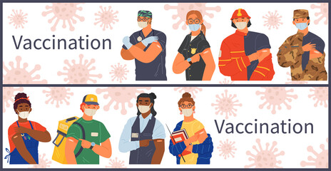 Stop coronavirus agitation concept. Vaccination promo, immunization of workers. Vaccine saves lives. People wearing protective mask showing their arm with bandage after receiving covid-19 vaccine