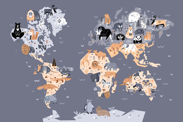 Cute animals of world. Map in scandinavian style. Handmade poster for print. Vector illustration. © AngArt