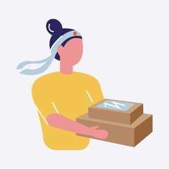 design concept of cargo delivery service, courier man in yellow uniform holding parcel box.