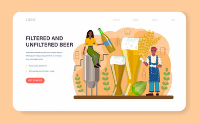 Beer web banner or landing page. Glass bottle and vintage mug with dark or light