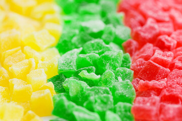 Yellow green and red dessert - sweet candied fruits for making cooking