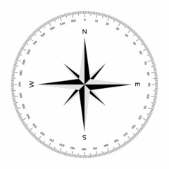 Vector illustration compass face scale isolated on white background. Circular protractor in flat style. Compass rose template. 360 degrees. North, South, East and West designation. © NiRain