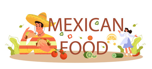 Mexican food typographic header. Traditional tacos with forcemeat