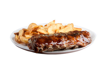 pork ribs with barbecue sauce and rustic potatoes isolated on white background