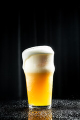Beer. Cold Craft light Beer in a glass with water drops. Pint of Beer into a tall glass with a thick foam