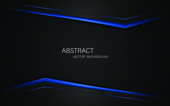 Abstract black and blue polygons overlapped on dark steel mesh background with free space for design. modern technology innovation concept background
