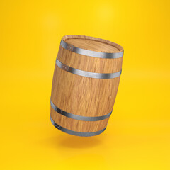 Obraz premium Wooden barrel made of light wood floating on a yellow background, 3d render