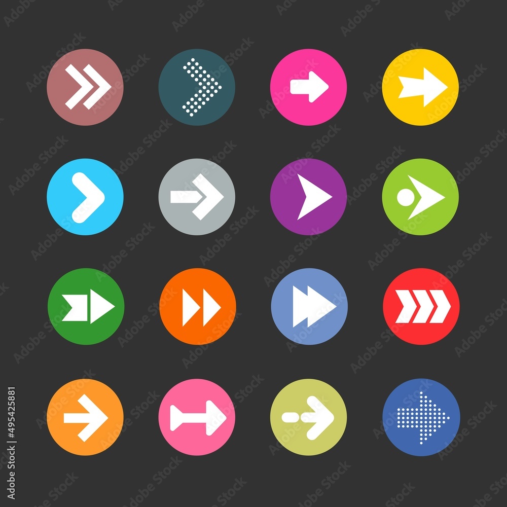 Poster arrow sign icon set. simple circle shape internet button on grey background.