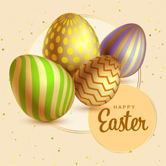 Happy Easter background with realistic golden shine decorated eggs