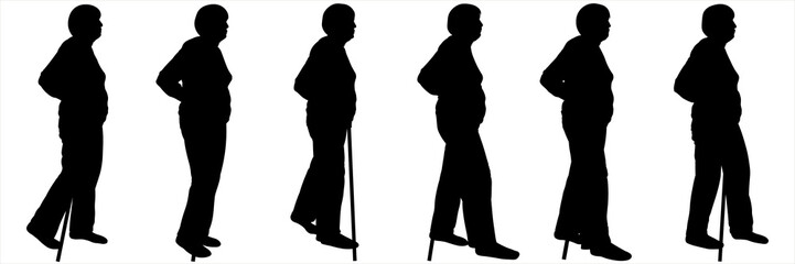 An elderly woman walks with a cane in her hand. Women walk one after another in one line. A series of human positions for motion animation. Black female silhouettes are isolated on a white background.