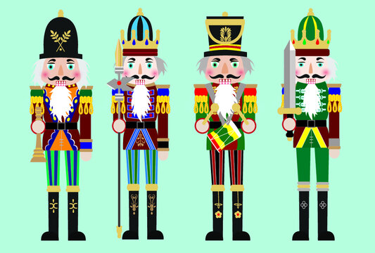 vector nutcracker soldier, flat image illustration design set. Classic Christmas cartoon style four gift wooden puppet army decoration toy 