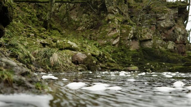 Bubbles of foam floating on the surface of the water in the North Esk river in Scotland slowly swirl towards the camera and into a shallow plane of focus with a moss covered cliff in the background.