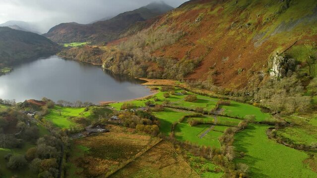 Beautiful Scenery of Llyn Gwynant Lake in Snowdonia, Wales - Aerial