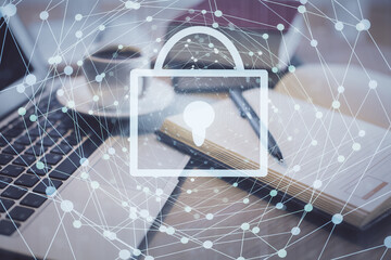 Double exposure of lock drawing and desktop with coffee and items on table background. Concept of securitization.