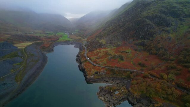 Beautiful Lake at Dinorwic Quarry in Wales Mountains, UK - Aerial