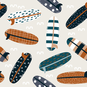 Seamless pattern with surf boards. Summer print. Vector hand drawn illustration.