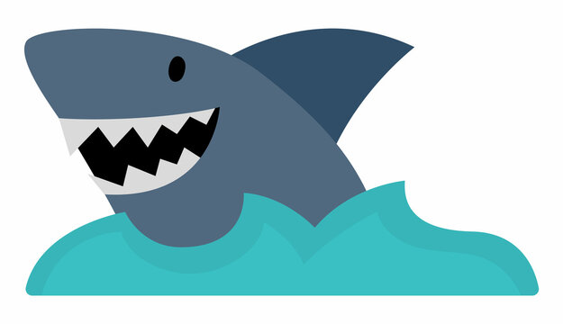 Vector shark and water icon. Cute sea animal illustration. Treasure island hunter picture. Funny pirate party element for kids. Scary fish picture with toothy opened jaws..