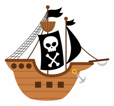 Vector pirate ship icon. Cute sea vessel illustration. Treasure island hunter boat with black sails, scull and crossed bones. Funny pirate party element for kids isolated on white background