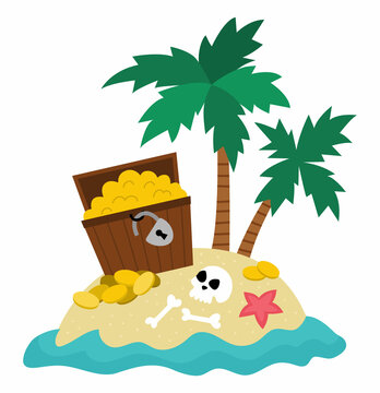 Vector tropical island icon. Cute sea isle with sand, water and palm trees illustration. Treasure island picture with chest, gold, coins, skull and bones. Funny pirate party element for kids.