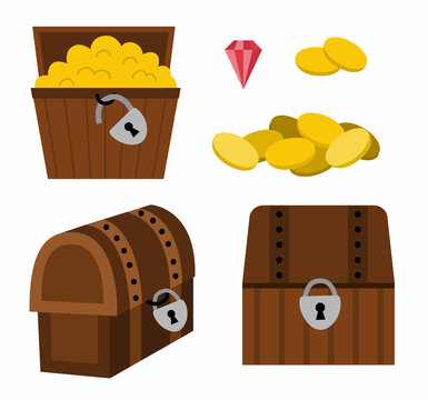 Treasure chest icon set. Pirate wooden coffers collection. Treasure island element isolated on white background. Old wood box picture with jewelry, lock, gem, golden coins.
