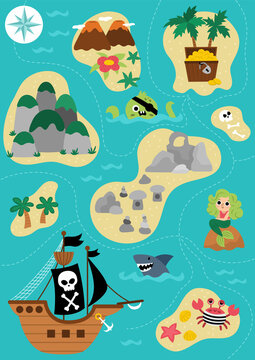 Vector treasure island map with pirate ship, mermaid, octopus. Cute tropical sea isles with sand, palm trees, volcano, rocks, waterfall illustration. Treasure island picture with chest, gold coins.