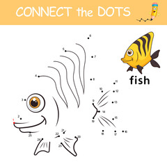 Exotic fish. Dot to dot Game with answer. Connect the dots by numbers to draw the animal. Logic Game and Coloring Page with cartoon cute fish. Education card for kids learning counting numbers 1-25.