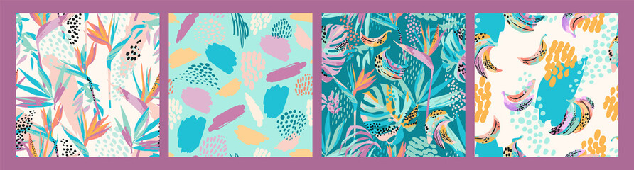 Set of abstract art seamless patterns with tropical leaves, flowers and bananas