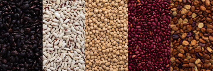 Different types of legumes banner, chickpeas and beans, red, white and black beans, top view
